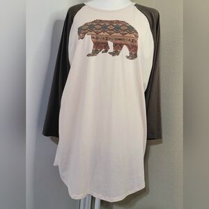 Lularoe, Bear Aztec Print Pattern 3/4 Length Sleeve Tunic Tee, Size XL